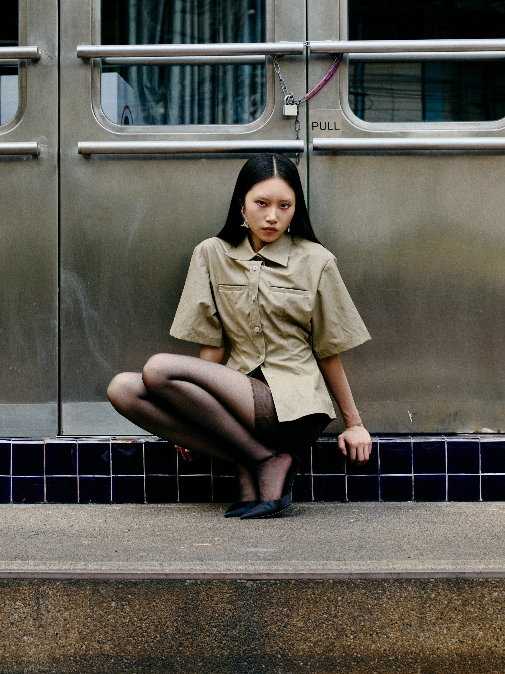 Grey Leather ShortSleeve Shirt