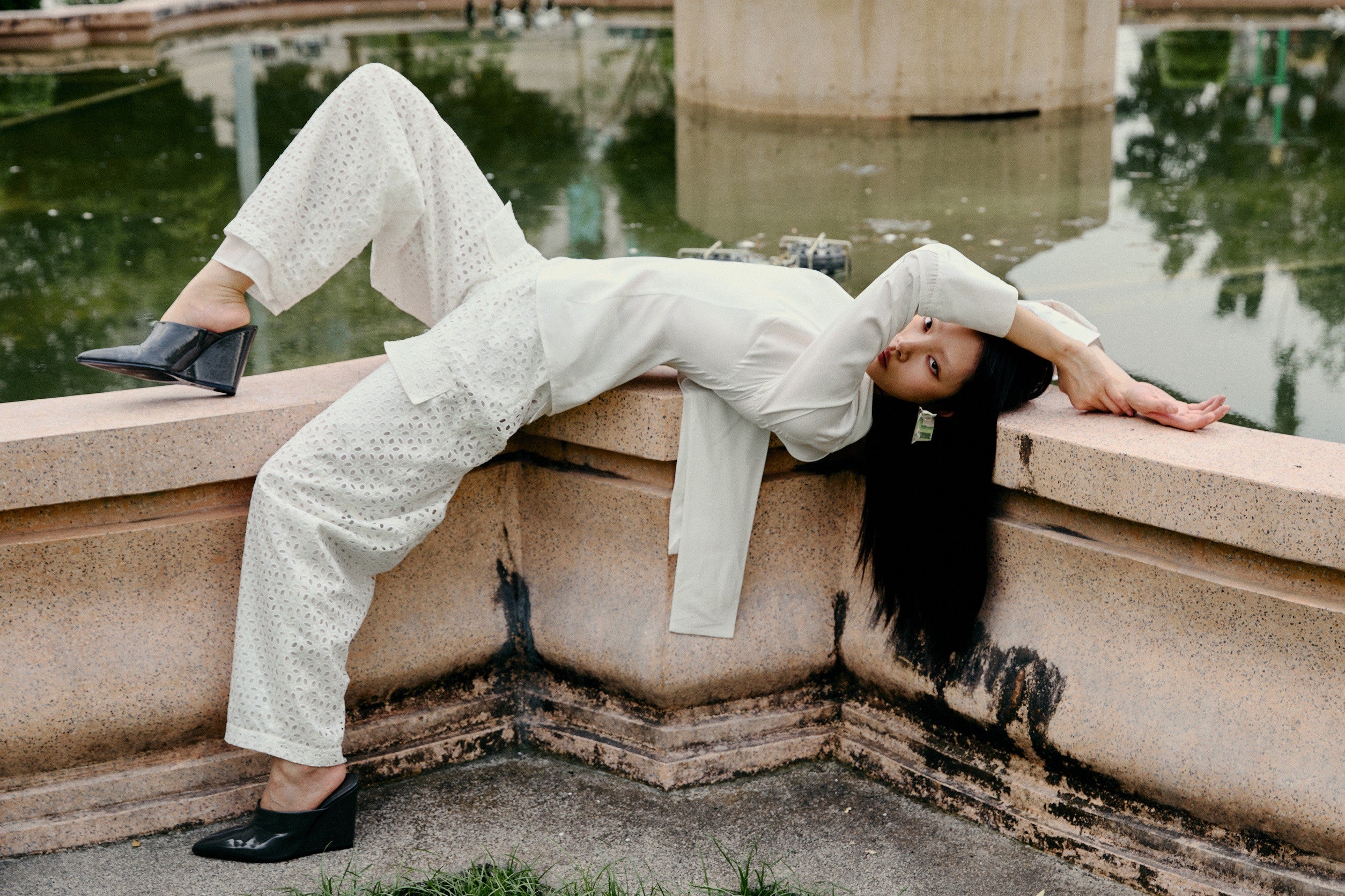 Eyelet Barrel-Leg Pants