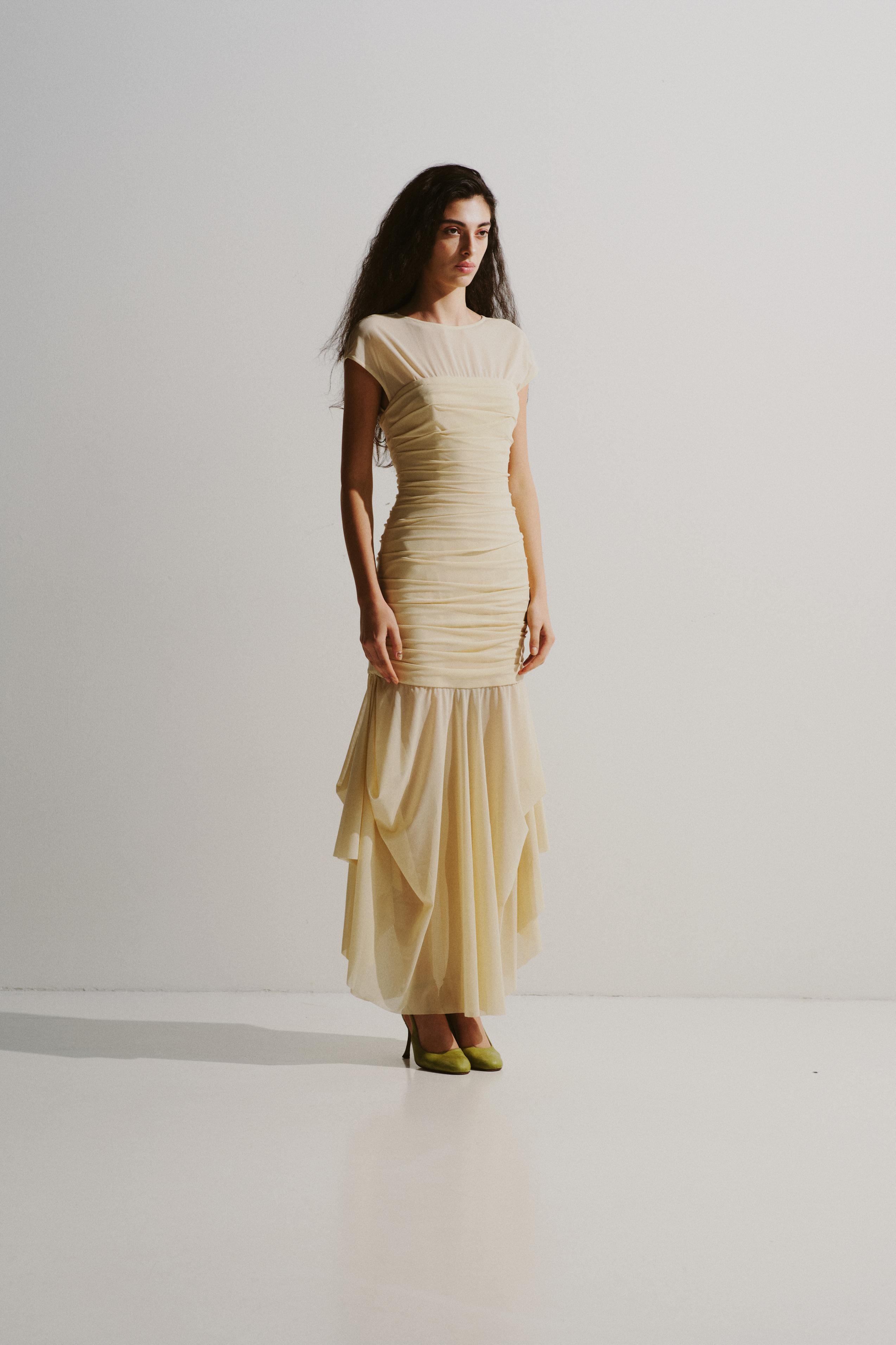 Ruched Sheer Panel Midi Dress