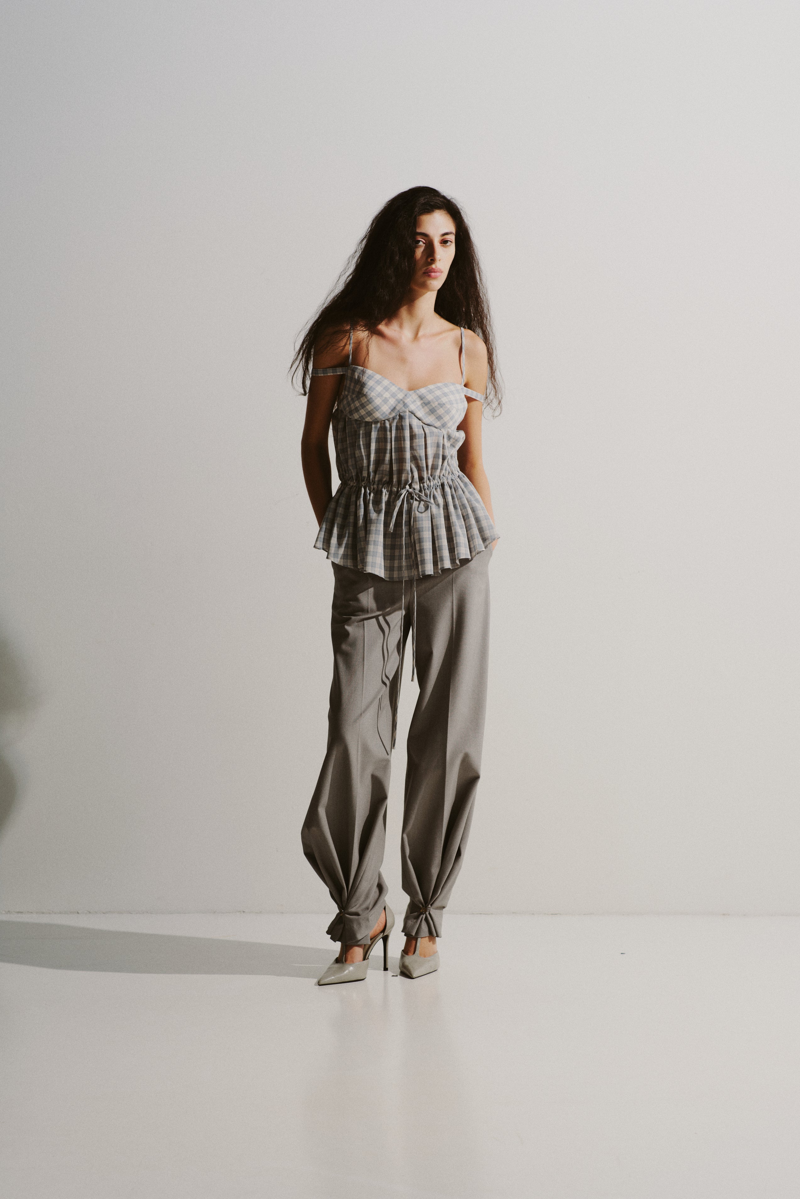 Gingham Drawstring Peplum Top