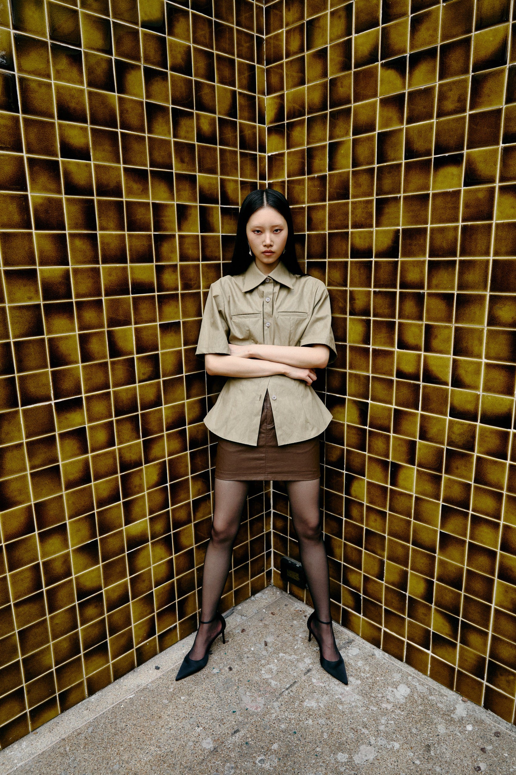 Grey Leather ShortSleeve Shirt