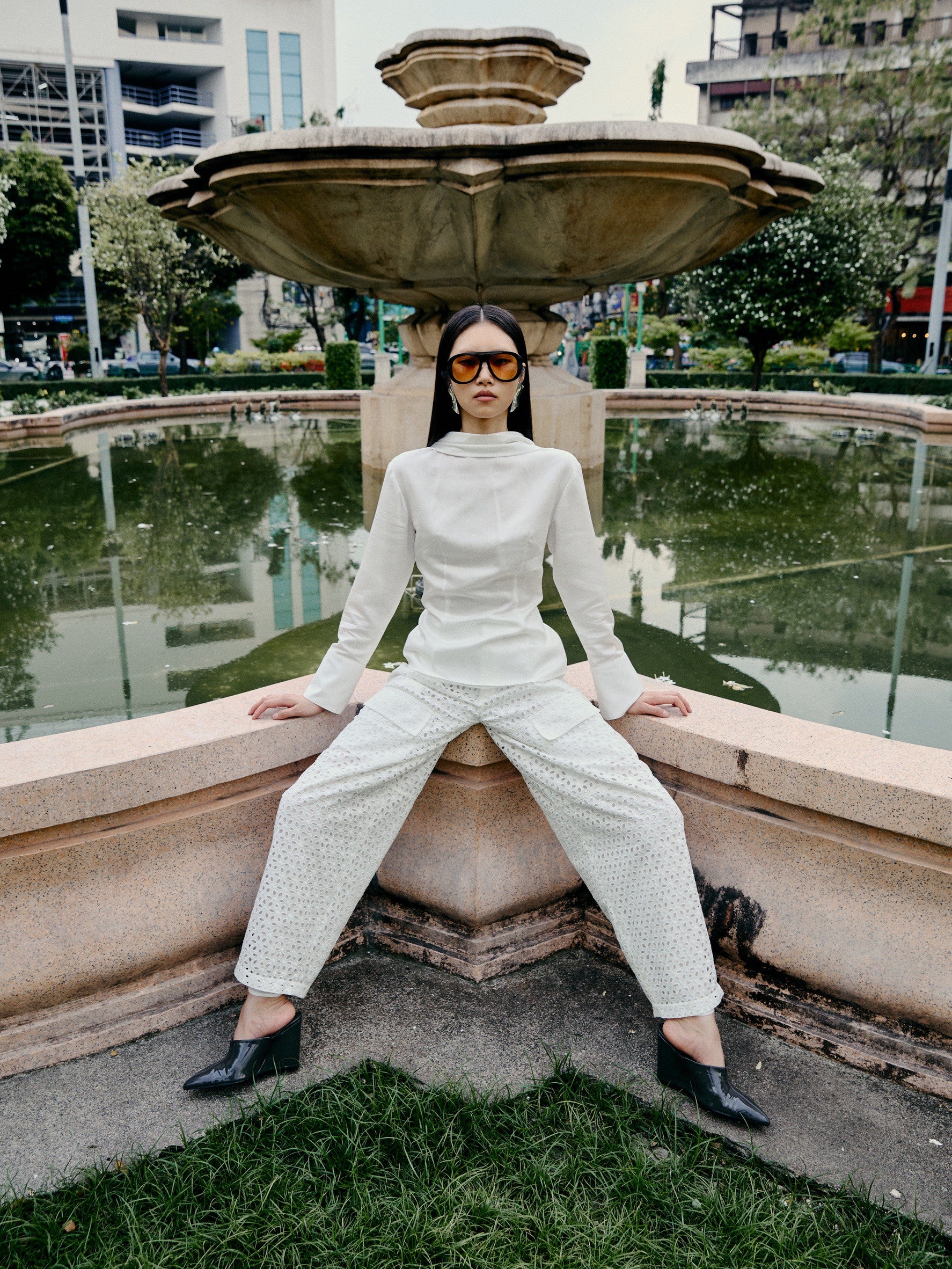 Eyelet Barrel-Leg Pants