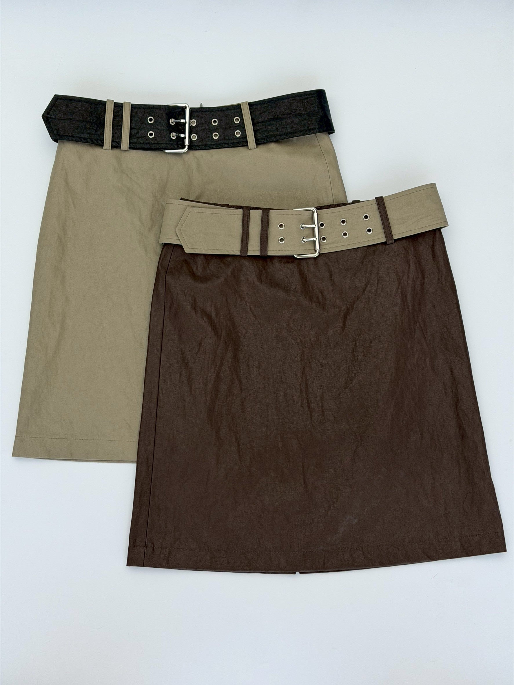 Mid Waist Belted Knee Skirt