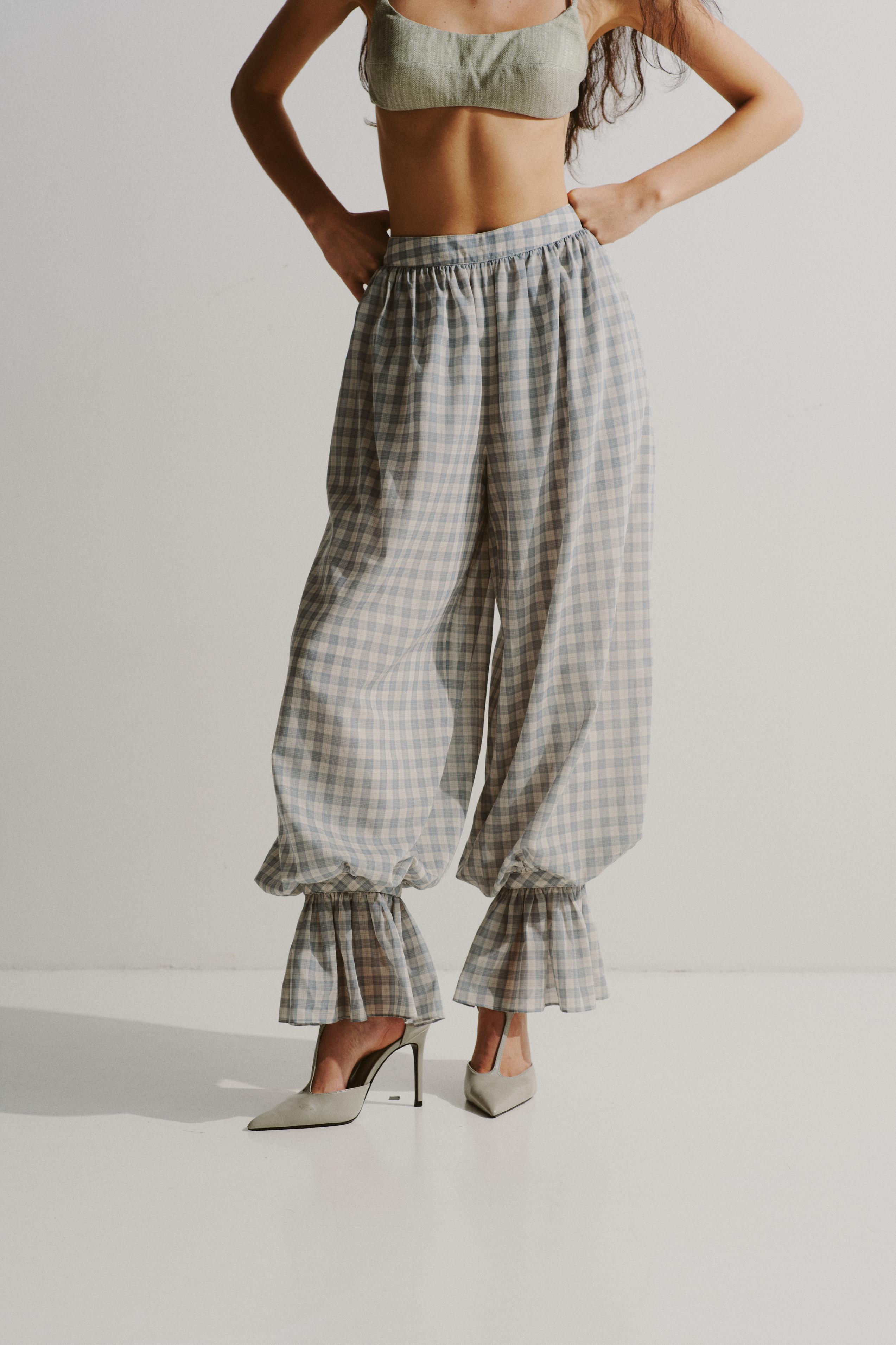 Gingham Balloon Ruffle Pants