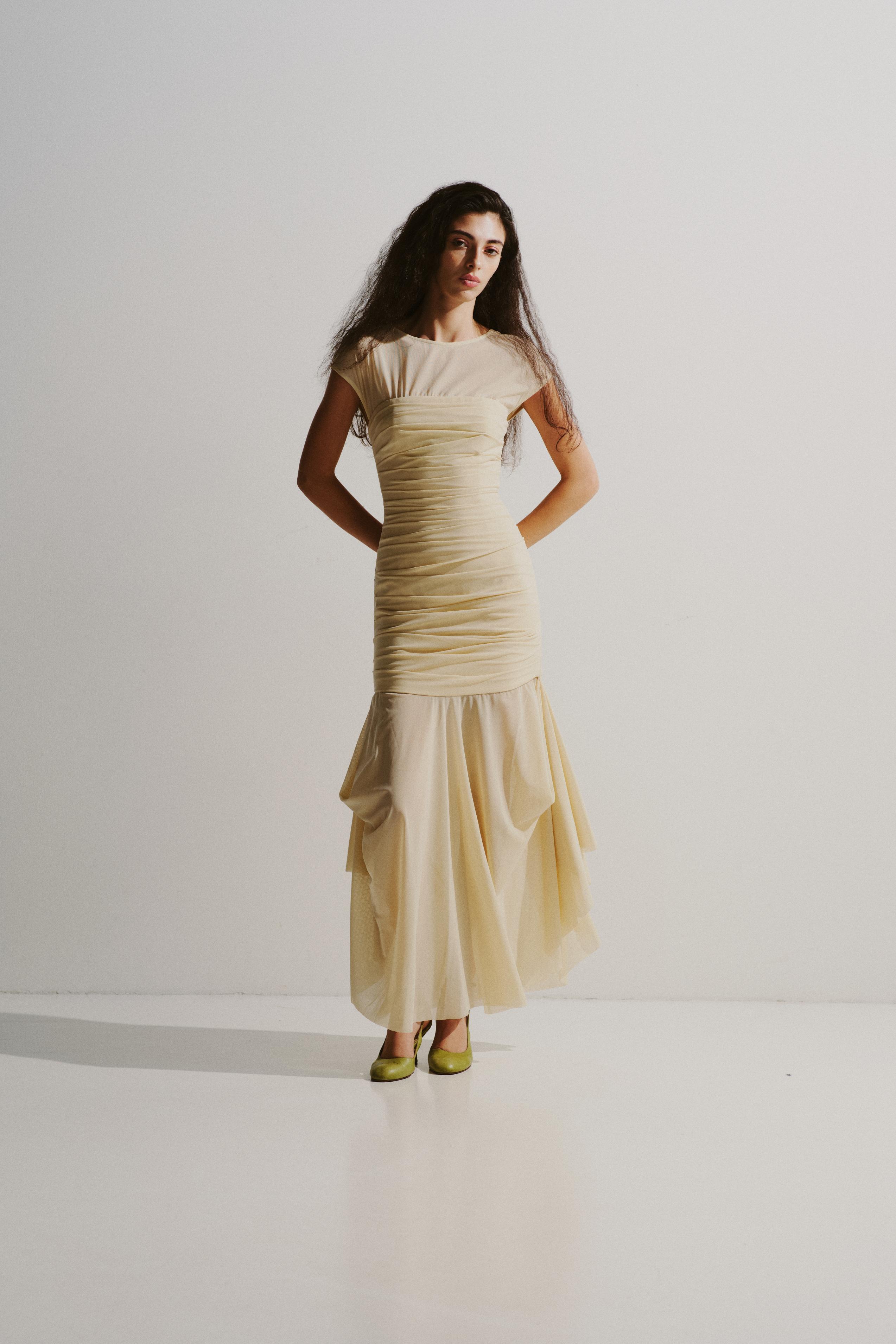 Ruched Sheer Panel Midi Dress