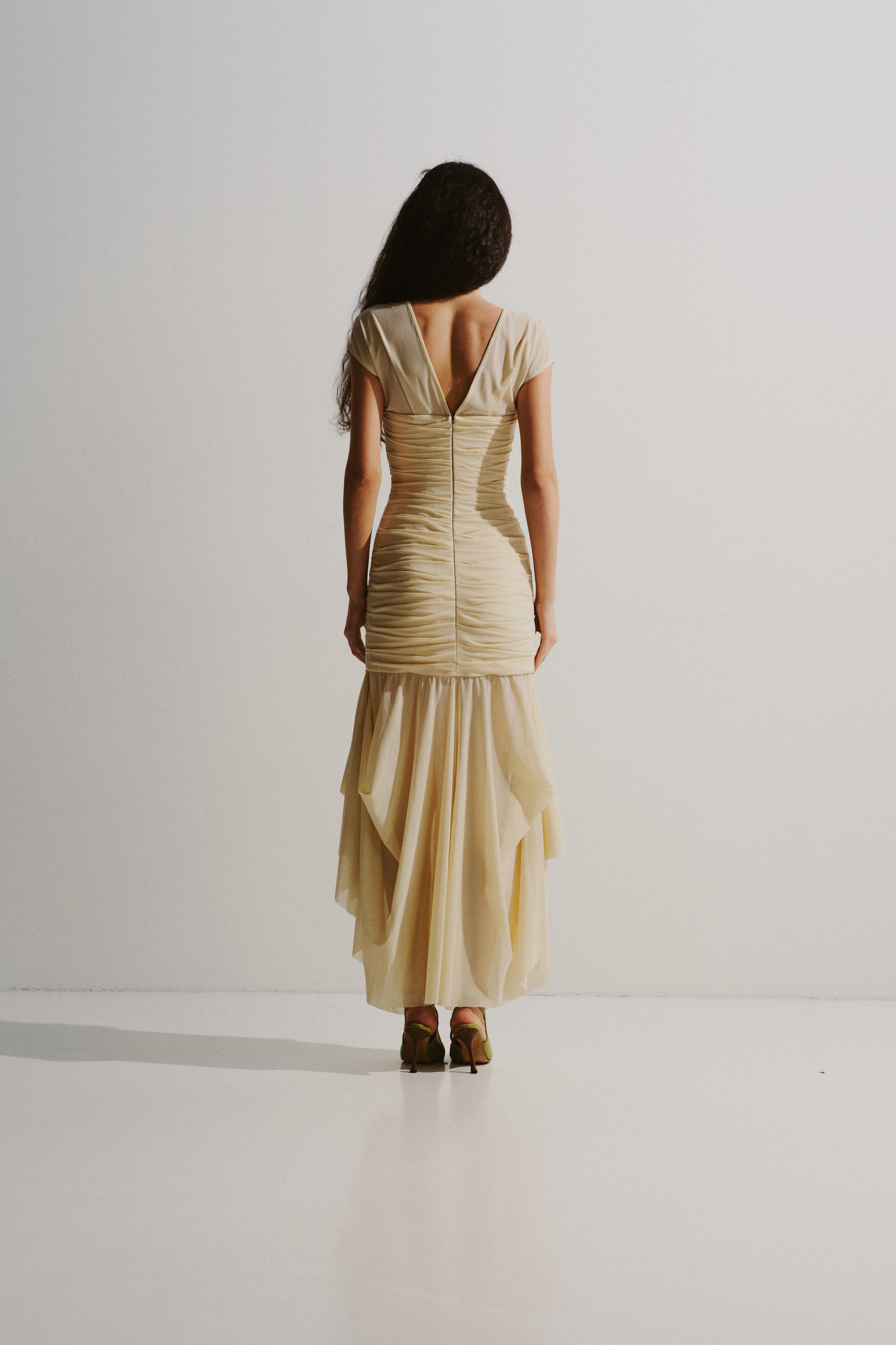 Ruched Sheer Panel Midi Dress