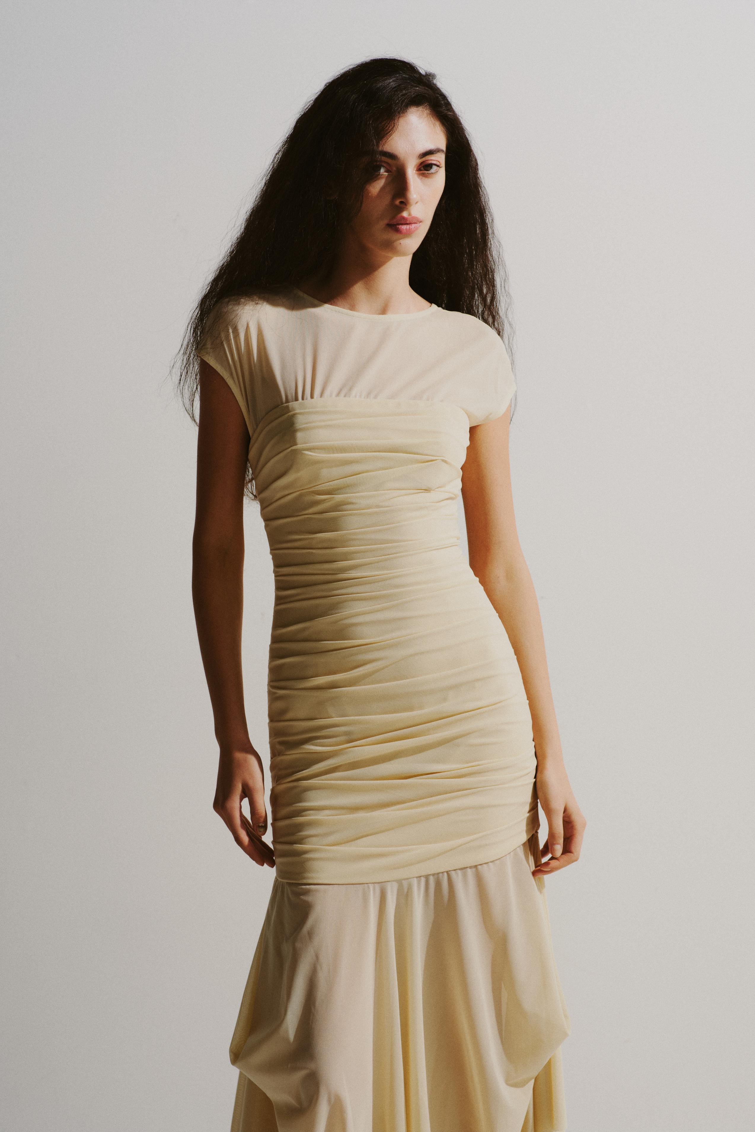 Ruched Sheer Panel Midi Dress