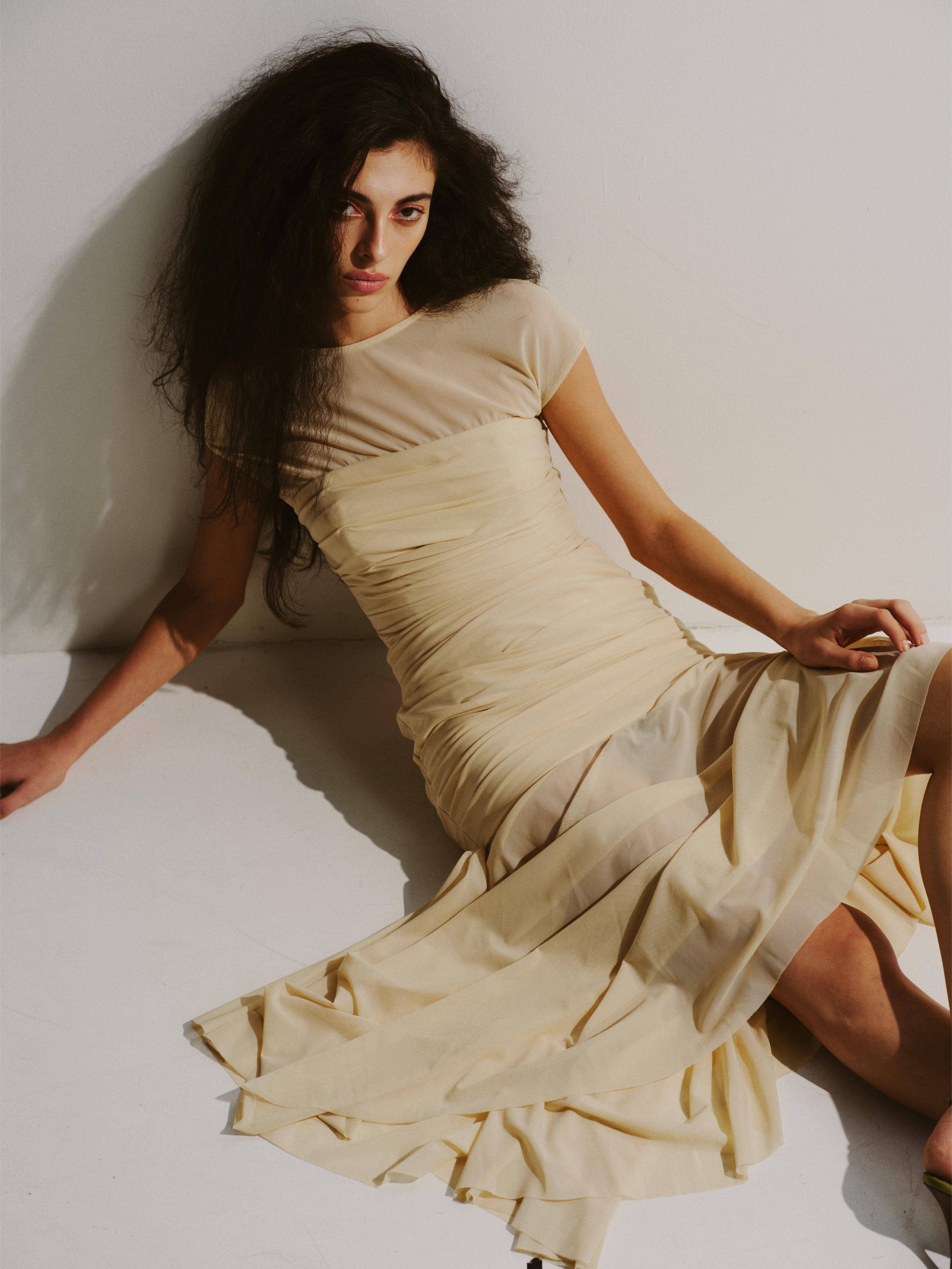 Ruched Sheer Panel Midi Dress Ruched Sheer Panel Midi Dress