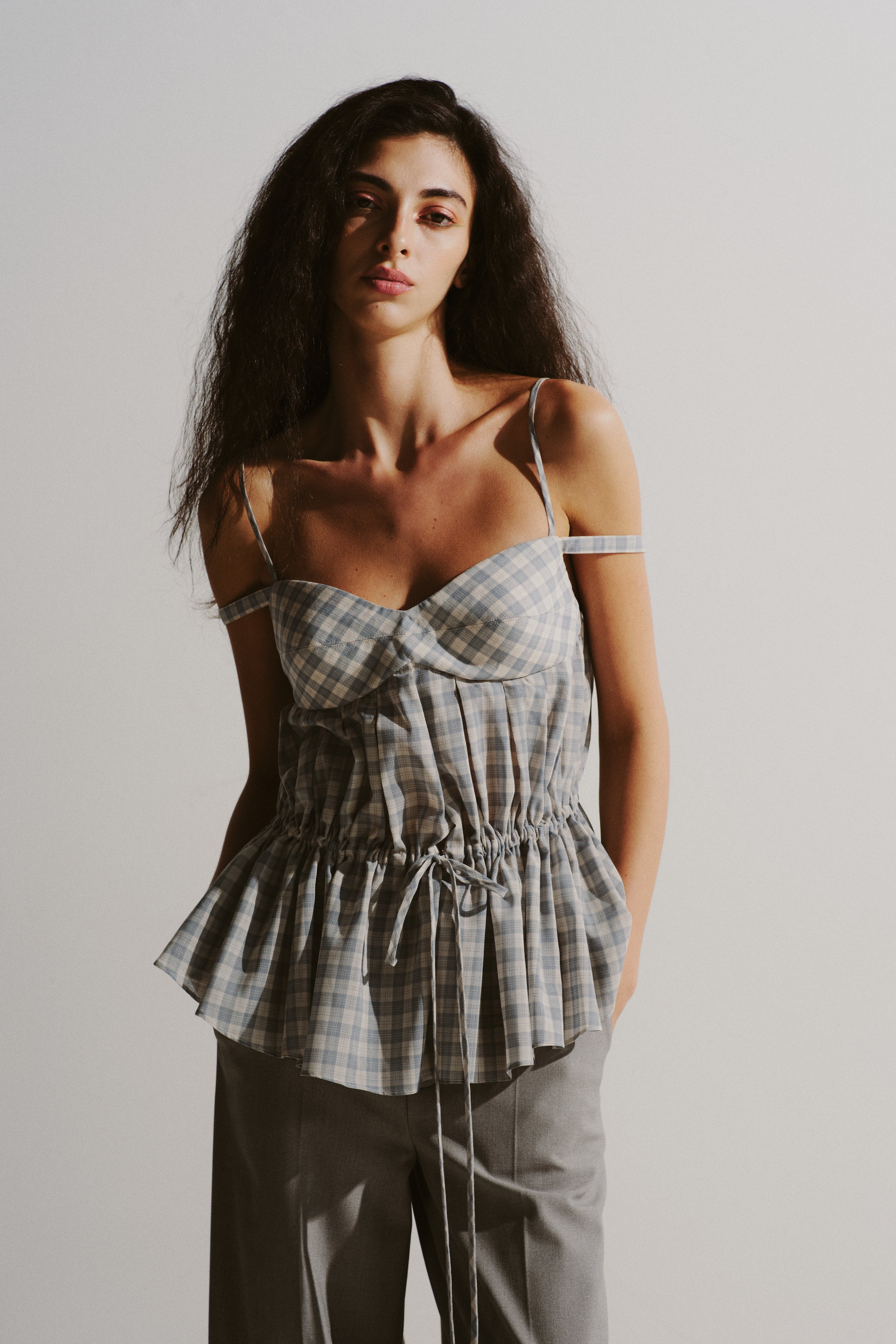 Gingham Drawstring Peplum Top
