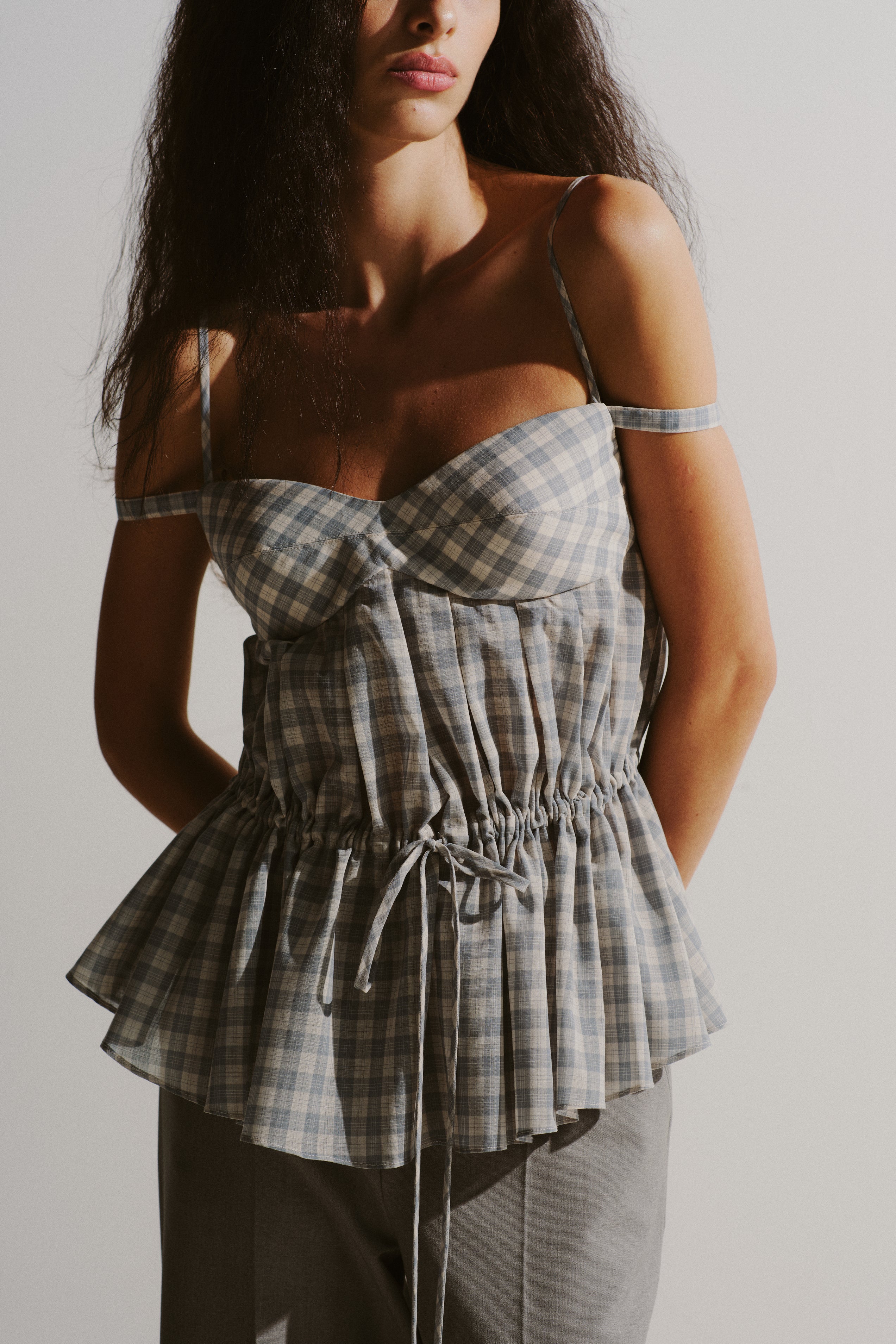 Gingham Drawstring Peplum Top